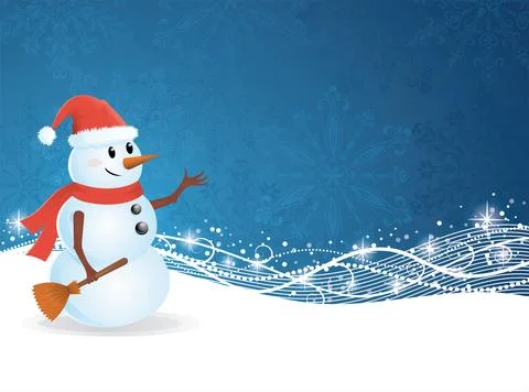 Cute snowman standing on a blue background with pattern and sparkles. Stock Illustration