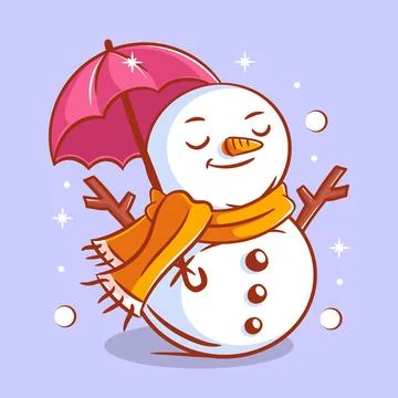 Cute snowman using neck warmer and umbrella Stock Illustration