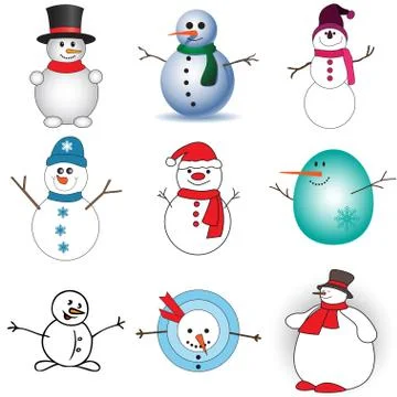 Cute snowmen set on white background Stock Illustration