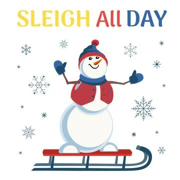 Cute Snowmn on Sleigh vector flat color icon Stock Illustration