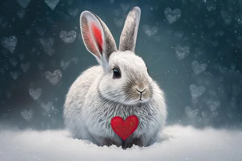 Cute  Snowshoe Hare, isolated on a background with red hearts Stock Illustration