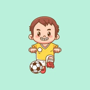 Cute soccer player dancing with ball kawaii chibi character mascot Illustrazione stock