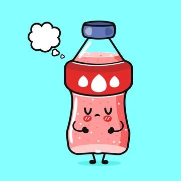 Cute soda bottle character thinking with thought bubble Illustrazione stock