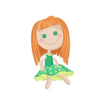Cute soft redhead doll in a green dress, sewing toy cartoon vector Illustration Stock Illustration