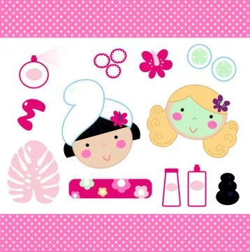 Cute spa set elements with beautiful girls ( pink ) Stock Illustration