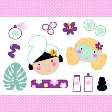 Cute spa set elements with beautiful girls ( pink ) Stock Illustration