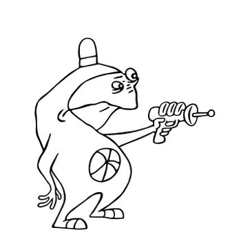 Cute space alien with blaster in hand. Vector illustration. Stock Illustration