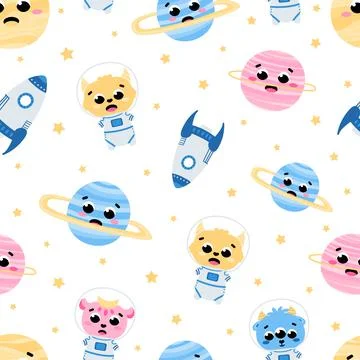 Cute space alien monster seamless pattern with planets and rockets on white b イラスト素材