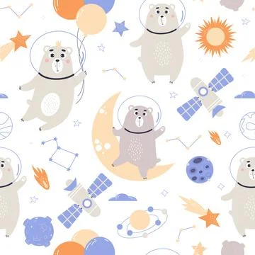 Cute space bear astronauts seamless pattern. Vector illustration for baby c.. 스톡 일러스트