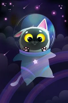 Cute Space Cat and Rainbow in Cosmos for Kids Stock Illustration