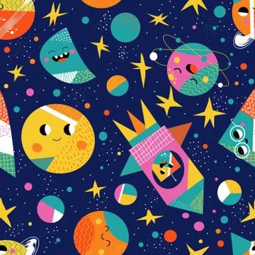 Cute space flat cartoon seamless pattern vector Stock Illustration
