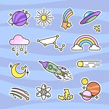 Cute space object themed stickers Stockillustratie