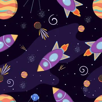Cute space pattern in cartoon style. Spaceship, asteroids, stars and planets. Stock Illustration