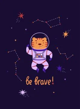 Cute space poster vector illustration. Brave tiger astronaut in outer space,  Stock Illustration