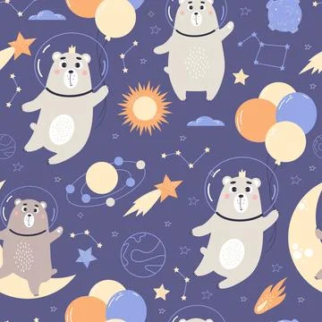 Cute space seamless pattern. Astronaut bears with balloons, stars and meteo.. Illustrazione stock