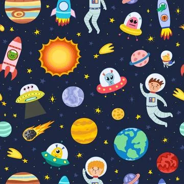 Cute space seamless pattern with astronauts, aliens and planets Stock Illustration