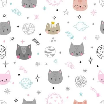 Cute space seamless pattern with cartoon cats. Abstract print. Hand drawn n.. Stock Illustration