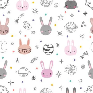 Cute space seamless pattern with cartoon bunnies. Abstract print with anima.. Stock Illustration
