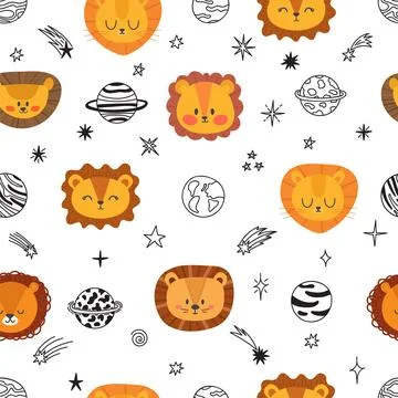 Cute space seamless pattern with cartoon lions. Abstract print. Hand drawn .. Stock Illustration