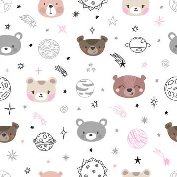 Cute space seamless pattern with cartoon bears. Abstract print. Hand drawn .. Stock Illustration