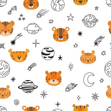 Cute space seamless pattern with cartoon tigers. Abstract print. Hand drawn.. Stock Illustration