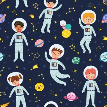 Cute space seamless pattern with kids astronauts. Starts, planets and kids in Stock Illustration