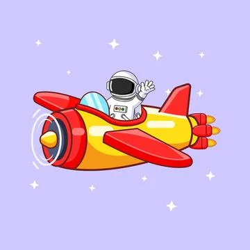 Cute Spaceman Pilot Waving from a Red and Yellow Plane Stock Illustration