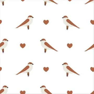 Cute Sparrow Seamless Pattern Vector Stock Illustration