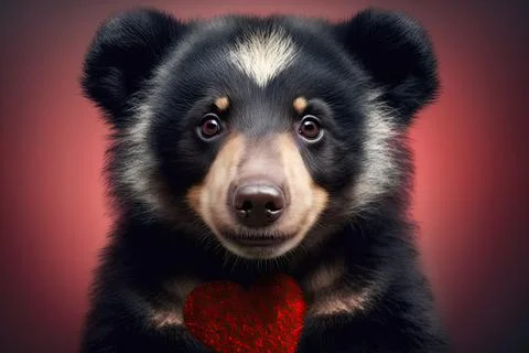 Cute  Spectacled Bear, isolated on a background with red hearts Stock Illustration