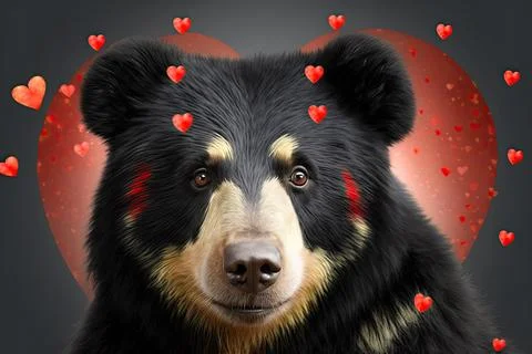 Cute  Spectacled Bear, isolated on a background with red hearts Stock Illustration