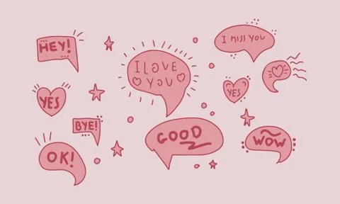 Cute speech bubble in pink colors with hearts. Hand-drawn doodle elements, fu Stock Illustration