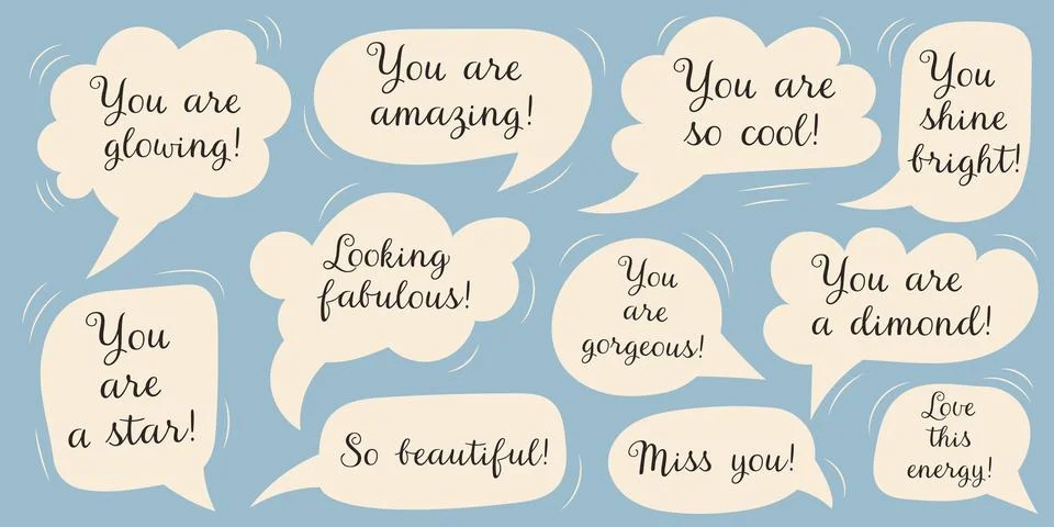 Cute Speech Bubbles with Compliment Phrases and Inspiring Positive Text Stock Illustration
