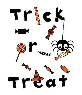 Cute spider, Halloween candy, text Trick or Treat illustration Stock Illustration