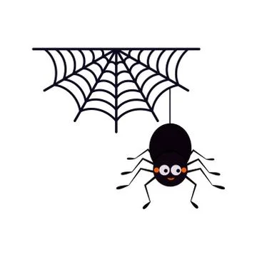 Cute spider hanging on a string of cobwebs with spederwebs icon isolated on w Stock Illustration