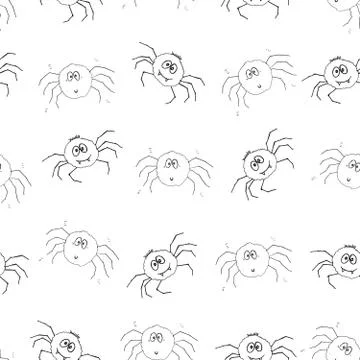 Cute Spider Seamless Pattern, Cartoon Hand Drawn Spider Doodles Vector Backgr Stock Illustration