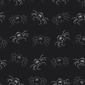 Cute Spider Seamless Pattern, Cartoon Hand Drawn Spider Doodles Vector Backgr 스톡 일러스트