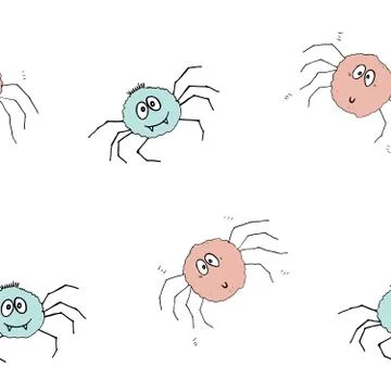 Cute Spider Seamless Pattern, Cartoon Hand Drawn Spider Doodles Vector Backgr 스톡 일러스트