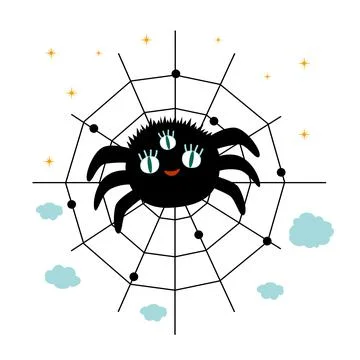 Cute spider on the web. Childrens character for halloween. Simple flat vector Stock Illustration