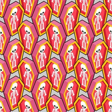 Cute, spooky coffin pattern. Pastel goth seamless texture with kawaii smili.. Illustrazione stock
