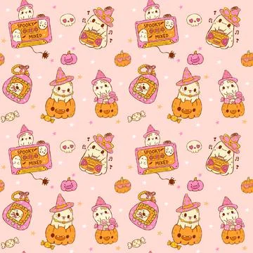 Cute Spooky Ghost Halloween Y2K Seamless Pattern, Retro Groovy Repeat Backg.. Stock Illustration
