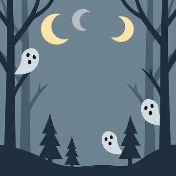 Cute spooky halloween forest frame background with ghosts and copy space. Stock Illustration