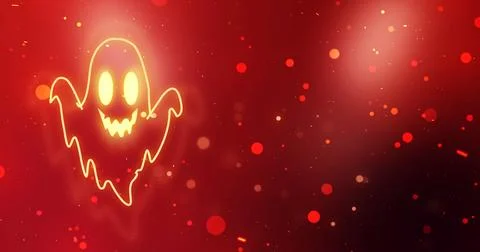 Cute Spooky Halloween Ghost Background with Glowing Neon Ghost. Colorful Fe.. Stock Illustration