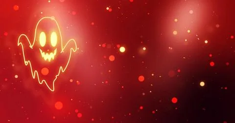 Cute Spooky Halloween Ghost Background with Glowing Neon Ghost. Colorful Fe.. Stock Illustration