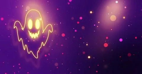 Cute Spooky Halloween Ghost Background with Glowing Neon Ghost. Colorful Fe.. Stock Illustration