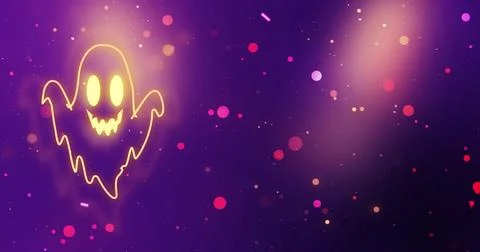 Cute Spooky Halloween Ghost Background with Glowing Neon Ghost. Colorful Fe.. Stock-Illustration