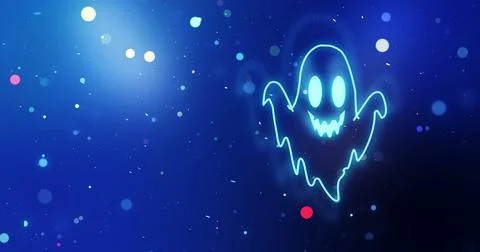 Cute Spooky Halloween Ghost Background with Glowing Neon Ghost. Colorful Fe.. Stock Illustration