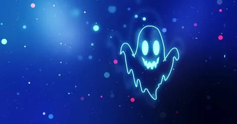 Cute Spooky Halloween Ghost Background with Glowing Neon Ghost. Colorful Fe.. Stock Illustration