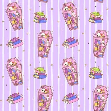 Cute Spooky Halloween Seamless Pattern Bookish Coffin Bookshelf Cartoon Han.. Stock Illustration