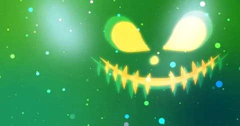 Cute spooky Halloween-themed ghost face glowing party animation. Floating p.. Stock Illustration