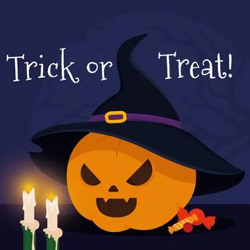 Cute spooky pumpkin with witch hat and candies Happy halloween Vector Illustrazione stock